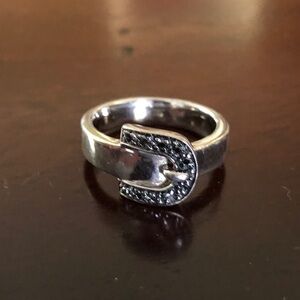 Sterling Silver Buckle Ring With Black Diamond Accents